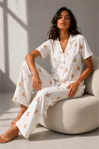 Kadın Klasik Doğal Düğme Gece Kırık Beyaz Pijama Takımı - 2