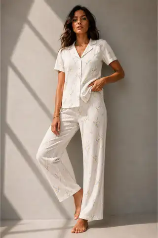 Kadın Klasik Doğal Düğme Gece Kırık Beyaz Pijama Takımı - 11
