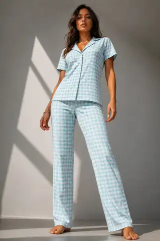 Kadın Klasik Doğal Düğme Gece Kırık Beyaz Pijama Takımı - 13