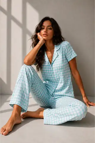 Kadın Klasik Doğal Düğme Gece Kırık Beyaz Pijama Takımı - 17