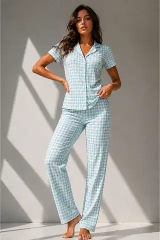 Kadın Klasik Doğal Düğme Gece Kırık Beyaz Pijama Takımı - 18