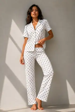 Kadın Klasik Doğal Düğme Gece Kırık Beyaz Pijama Takımı - 19