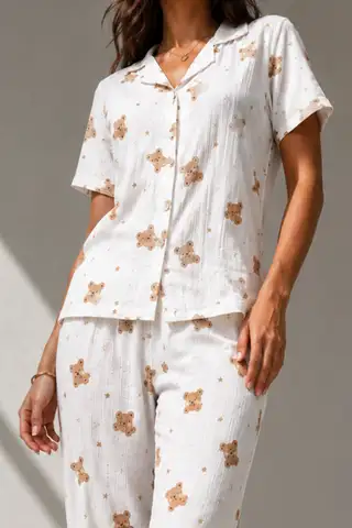 Kadın Klasik Doğal Düğme Gece Kırık Beyaz Pijama Takımı - 3