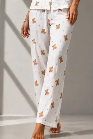 Kadın Klasik Doğal Düğme Gece Kırık Beyaz Pijama Takımı - 4