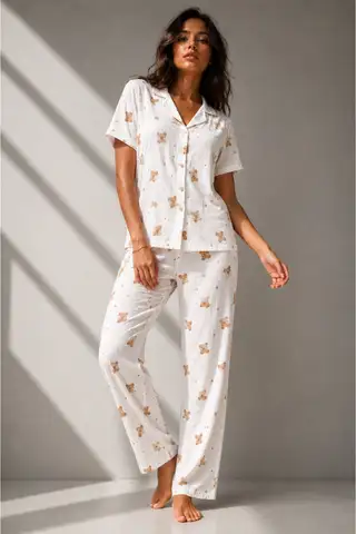 Kadın Klasik Doğal Düğme Gece Kırık Beyaz Pijama Takımı - 5