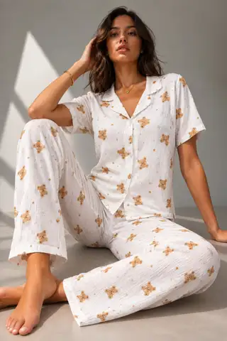 Kadın Klasik Doğal Düğme Gece Kırık Beyaz Pijama Takımı - 6