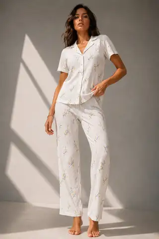 Kadın Klasik Doğal Düğme Gece Kırık Beyaz Pijama Takımı - 7