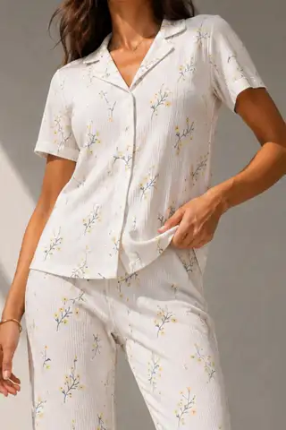 Kadın Klasik Doğal Düğme Gece Kırık Beyaz Pijama Takımı - 9