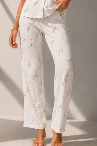 Kadın Klasik Doğal Düğme Gece Kırık Beyaz Pijama Takımı - 10