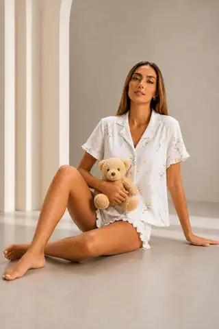 Kadın Günlük Düğmeli V Yaka Çok Renkli Pijama Takımı - 5