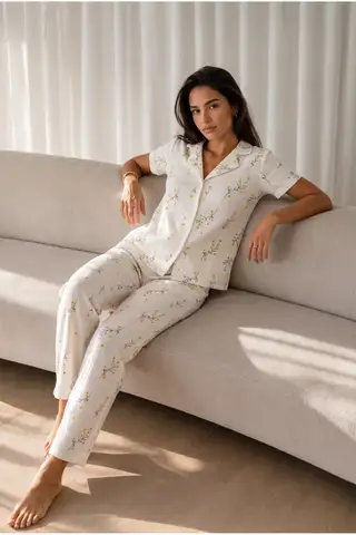 Kadın Loose Uzun Paça Pamuk Çok Renkli Pijama Takımı - 1