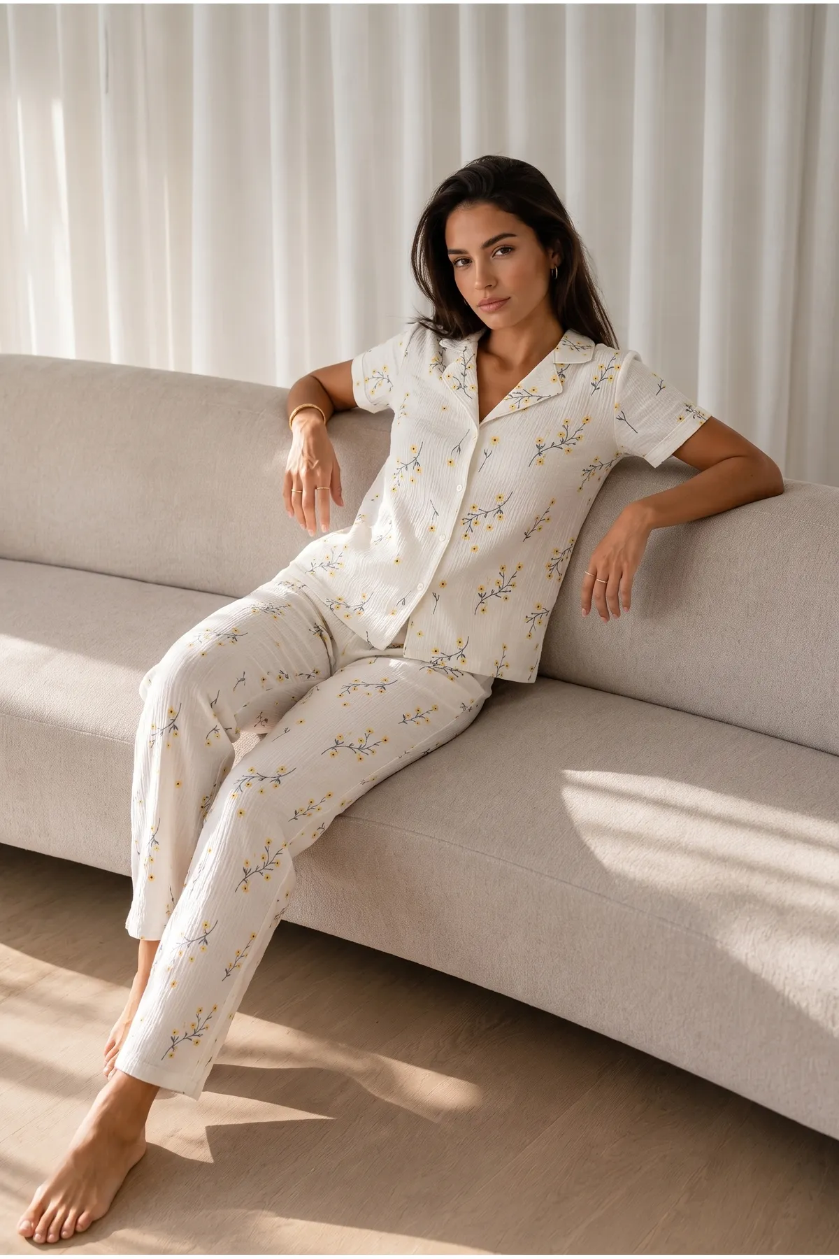 Kadın Loose Uzun Paça Pamuk Çok Renkli Pijama Takımı