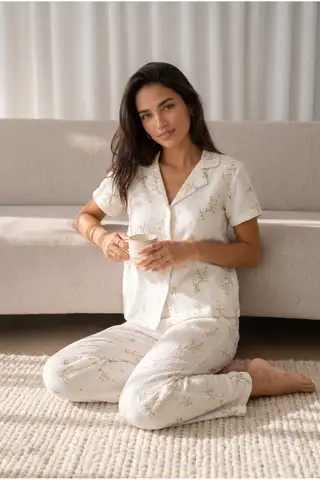 Kadın Loose Uzun Paça Pamuk Çok Renkli Pijama Takımı - 2