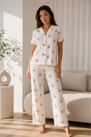 Kadın Loose Uzun Paça Pamuk Çok Renkli Pijama Takımı - 12
