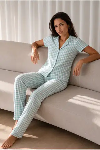 Kadın Loose Uzun Paça Pamuk Çok Renkli Pijama Takımı - 13