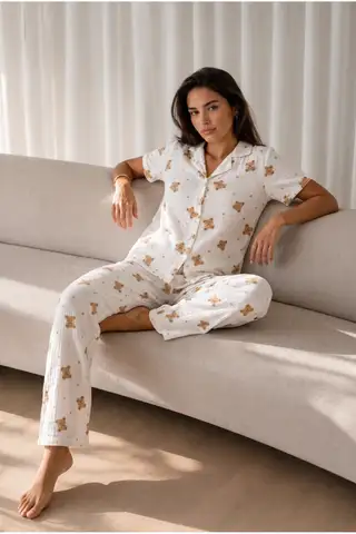 Kadın Loose Uzun Paça Pamuk Çok Renkli Pijama Takımı - 7