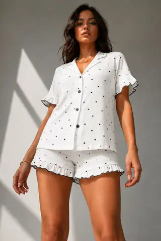Kadın Süprem Gömlek Şort Düğme Çok Renkli Pijama Takımı - 13