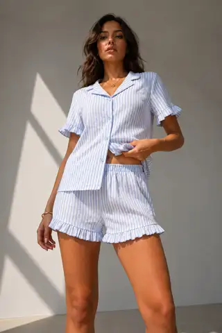 Kadın Süprem Gömlek Şort Düğme Çok Renkli Pijama Takımı - 7
