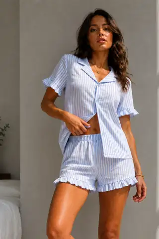 Kadın Süprem Gömlek Şort Düğme Çok Renkli Pijama Takımı - 8