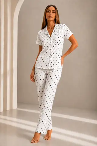 Kadın Kısa Kol Rahat Kalıp Şık Kar Beyaz Pijama Takımı - 1