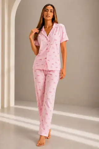 Kadın Kısa Kol Rahat Kalıp Şık Kar Beyaz Pijama Takımı - 12