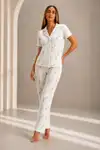 Kadın Kısa Kol Rahat Kalıp Şık Kar Beyaz Pijama Takımı - Görsel 13