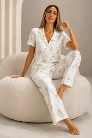 Kadın Kısa Kol Rahat Kalıp Şık Kar Beyaz Pijama Takımı - 14