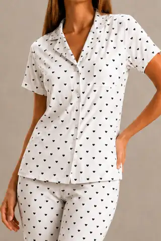 Kadın Kısa Kol Rahat Kalıp Şık Kar Beyaz Pijama Takımı - 3