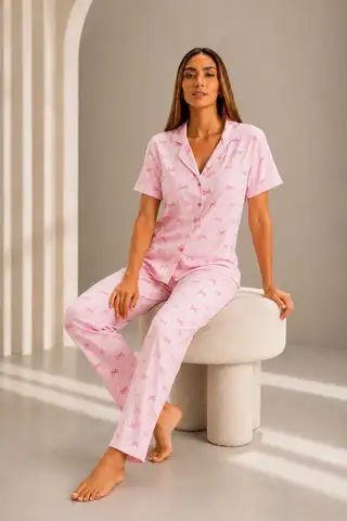 Kadın Kısa Kol Rahat Kalıp Şık Kar Beyaz Pijama Takımı - 8