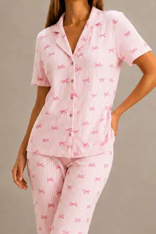 Kadın Kısa Kol Rahat Kalıp Şık Kar Beyaz Pijama Takımı - 9