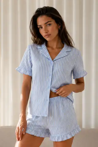 Kadın Düz Pamuk Homewear Mavi Pijama Takımı - 2