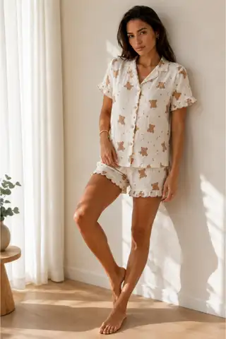 Kadın Düz Pamuk Homewear Mavi Pijama Takımı - 12