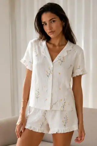 Kadın Düz Pamuk Homewear Mavi Pijama Takımı - 14