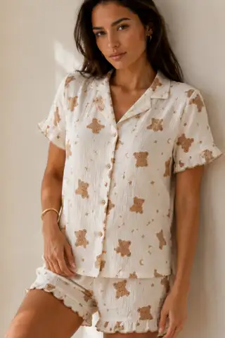 Kadın Düz Pamuk Homewear Mavi Pijama Takımı - 10