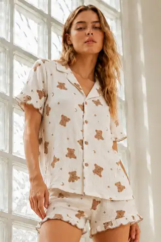Kadın Örme Pamuklu Mini Kar Beyaz Pijama Takımı - 3