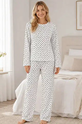 Kadın Kalpli Uzun Kol Rahat Pijama Takımı 4673 Beyaz - 1