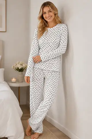 Kadın Kalpli Uzun Kol Rahat Pijama Takımı 4673 Beyaz - 3