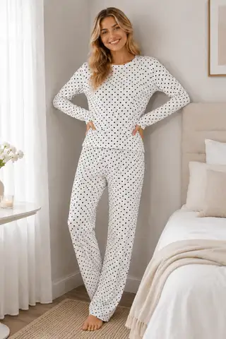Kadın Kalpli Uzun Kol Rahat Pijama Takımı 4673 Beyaz - 5