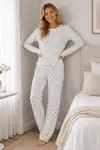Kadın Kalpli Uzun Kol Rahat Pijama Takımı 4673 Beyaz - Görsel 5