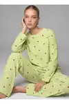 Kadın Çizgili Kalp Desenli Uzun Yeşil Pijama Takımı - Görsel 1