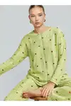 Kadın Çizgili Kalp Desenli Uzun Yeşil Pijama Takımı - Görsel 2
