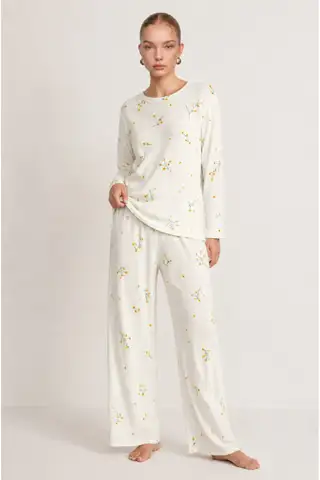 Kadın Çizgili Kalp Desenli Uzun Yeşil Pijama Takımı - 11