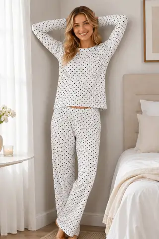 Kadın Çizgili Kalp Desenli Uzun Yeşil Pijama Takımı - 16