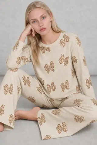 Kadın Çizgili Kalp Desenli Uzun Yeşil Pijama Takımı - 20