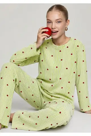 Kadın Çizgili Kalp Desenli Uzun Yeşil Pijama Takımı - 3
