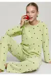 Kadın Çizgili Kalp Desenli Uzun Yeşil Pijama Takımı - Görsel 3