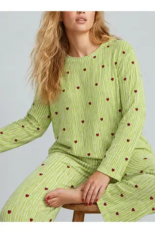 Kadın Çizgili Kalp Desenli Uzun Yeşil Pijama Takımı - 5
