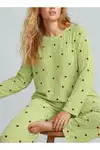 Kadın Çizgili Kalp Desenli Uzun Yeşil Pijama Takımı - Görsel 5