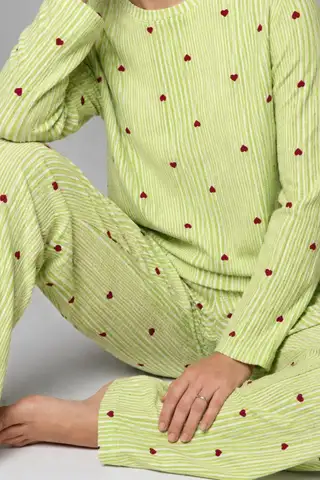 Kadın Çizgili Kalp Desenli Uzun Yeşil Pijama Takımı - 6