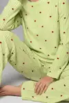 Kadın Çizgili Kalp Desenli Uzun Yeşil Pijama Takımı - Görsel 6